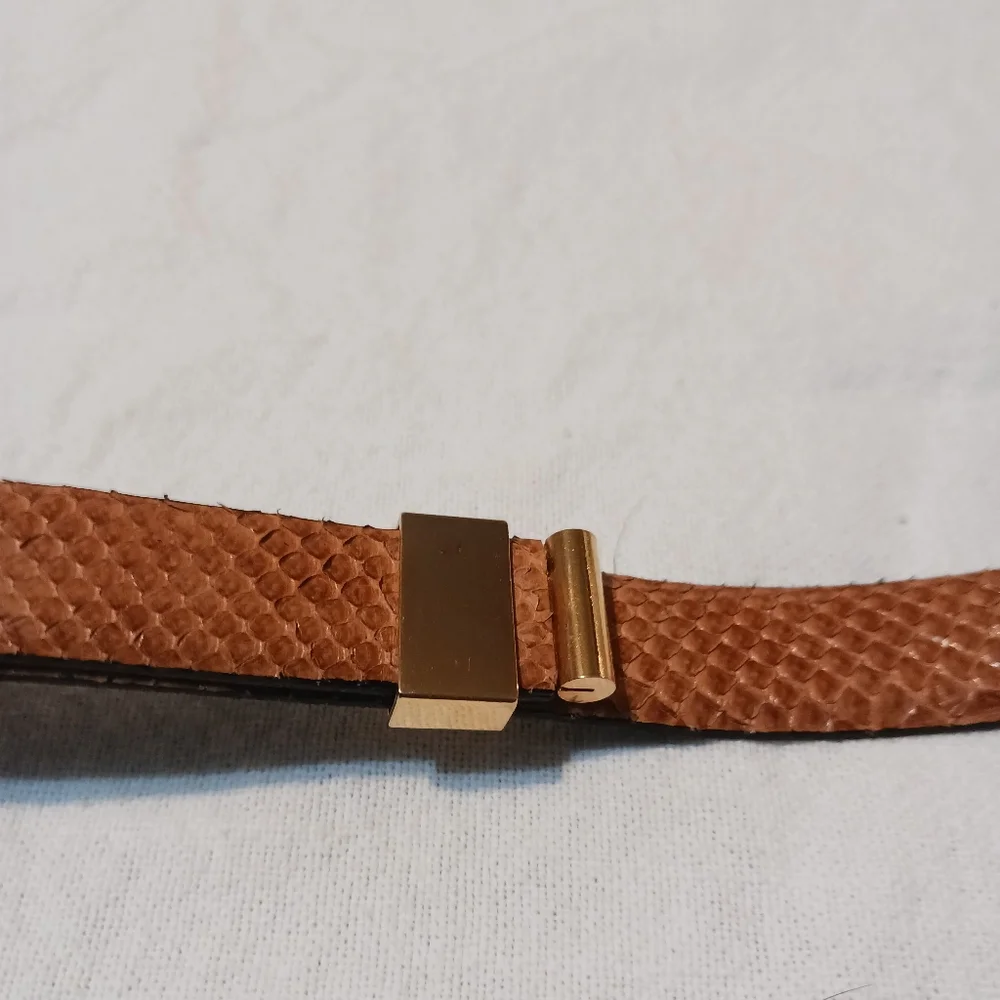 Herraje Banado Oro 24Kts Gold Plated Tan Snake Skin Leather Adjustable Vtg Belt
